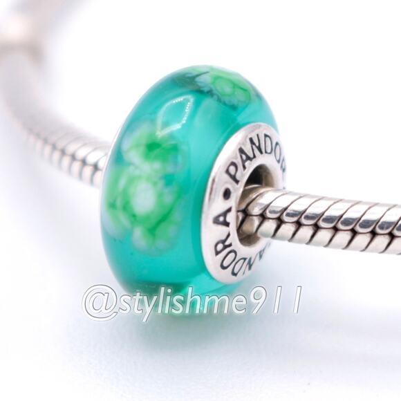 Authentic PANDORA Flowers For You Turquoise Green Murano Glass Charm - 790649